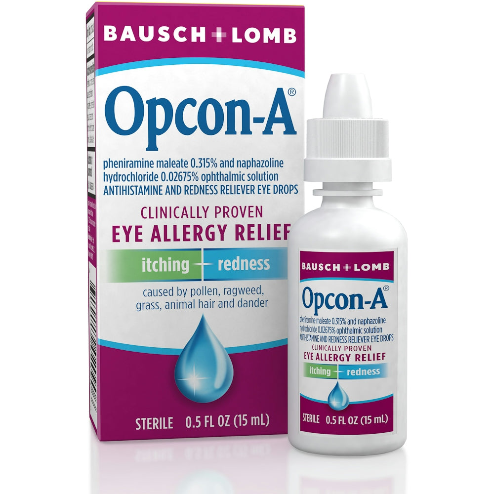 Opcon-A Allergy Relief Sterile Eye Drops by Pasteur Pharmacy, multi-action formula in 0.5 fl oz bottle for eye allergy relief.