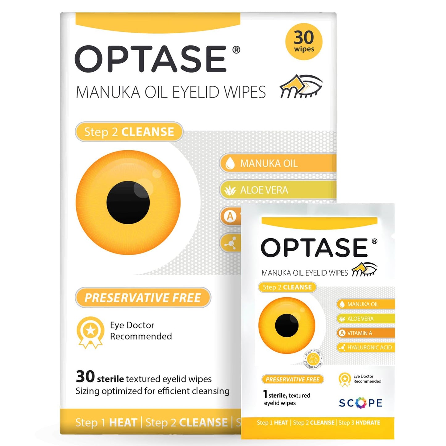 Optase Manuka Oil Eyelid Wipes from Pasteur Pharmacy for eye hygiene and lid cleansing, featuring preservative-free formula.