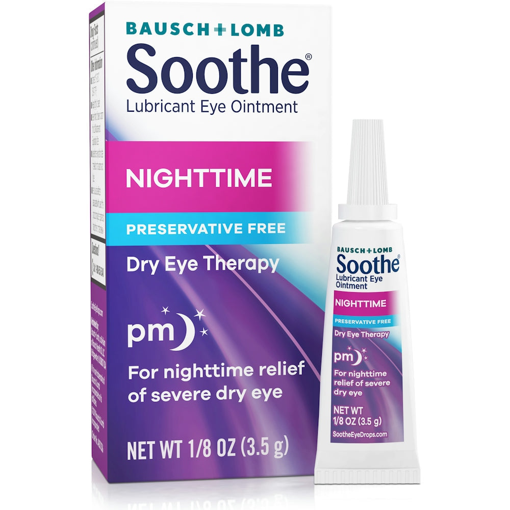 Soothe Nighttime Eye Ointment tube for dry eyes, 3.5g, by Pasteur Pharmacy, designed for overnight lubrication and eye comfort.