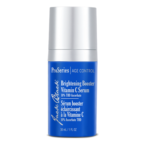 Jack Black Brightening Booster Vitamin C Serum in a 1 oz bottle, featuring a vibrant orange label and dropper applicator.