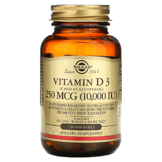 Solgar Vitamin D3 softgels in bottle, 250 mcg (10,000 IU), dietary supplement for bone health, by Pasteur Pharmacy.