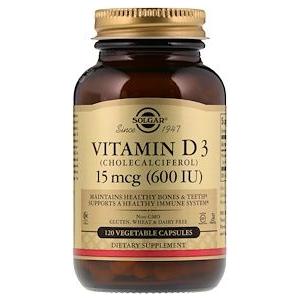Solgar Vitamin D3 (Cholecalciferol) 600 IU supplement in 120 vegetable capsules, displayed in a clear bottle.