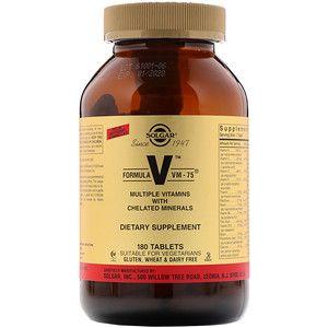 Solgar Formula VM-75 vitamin supplement in a bottle of 180 tablets, displayed on a white background