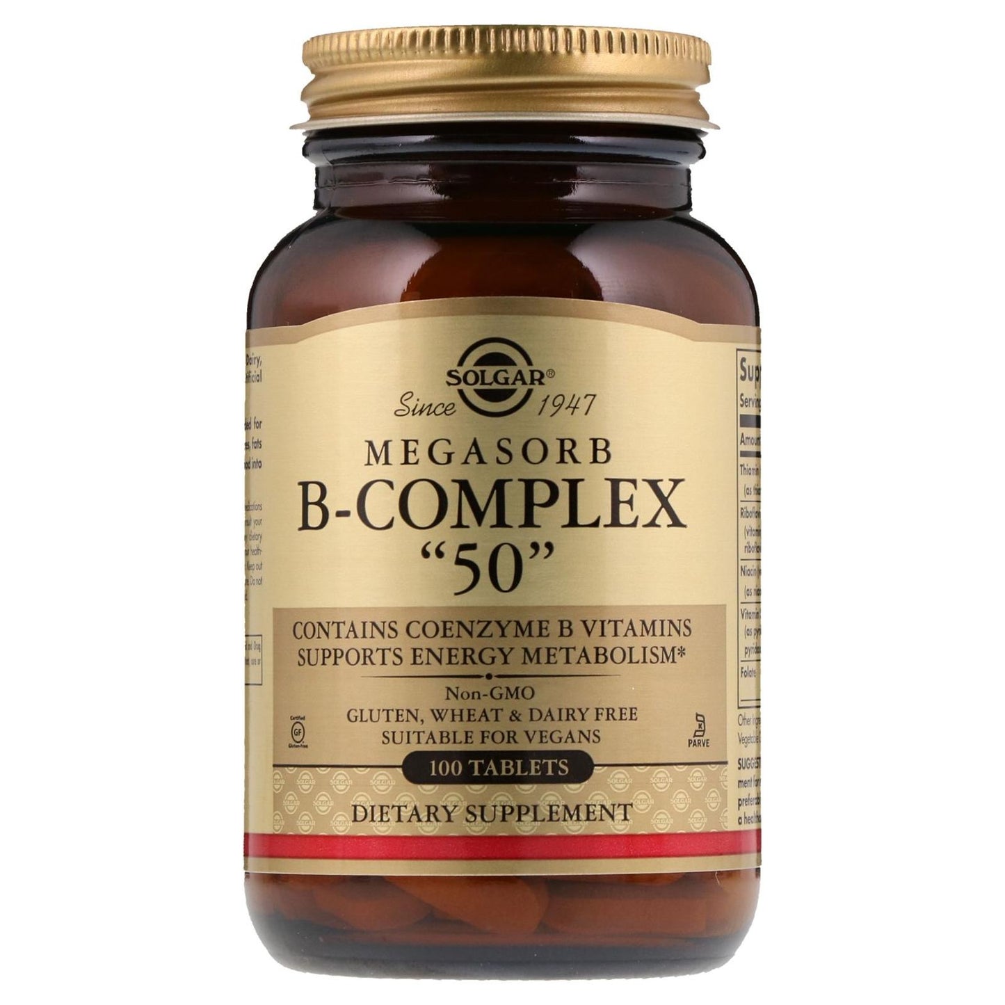 Solgar Megasorb B-Complex 50 vitamin supplement in 100 tablets, shown in a bottle with label and tablets inside.