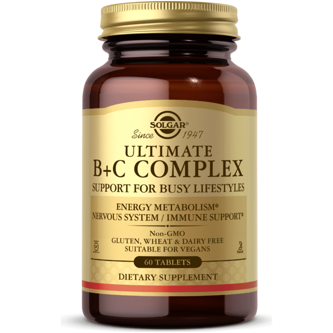 Solgar Ultimate B+C Complex vitamin supplement in a bottle of 60 tablets, designed to support energy and immune health.