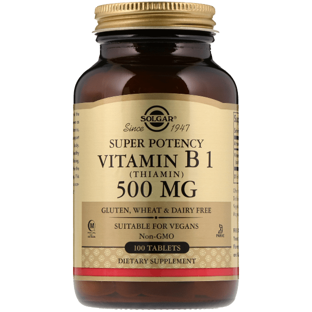 Solgar Vitamin B1 (Thiamin) 500 mg supplement bottles with 100 tablets, displayed on a clean white background.
