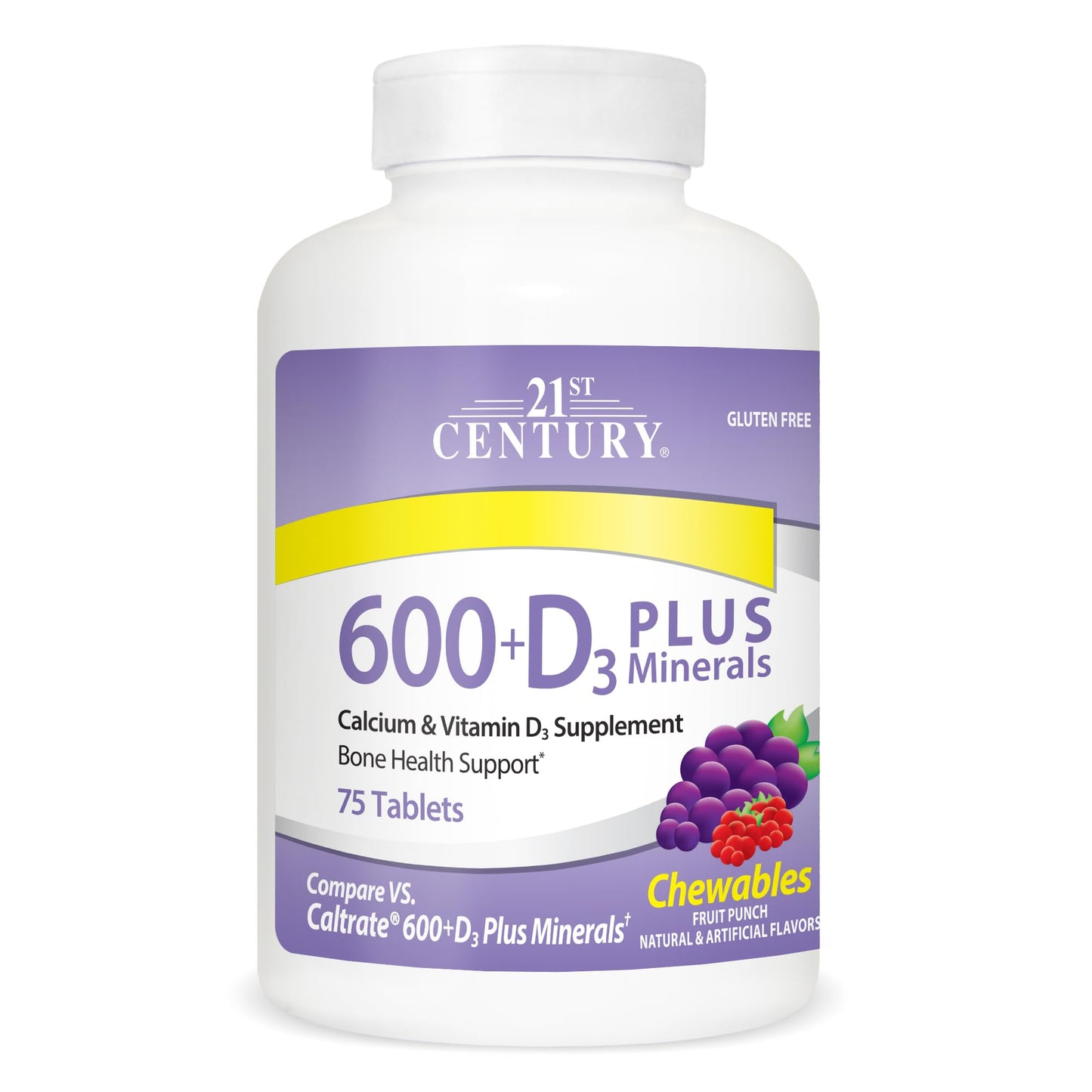 21st Century Calcium 600mg +D Plus Minerals chewable tablets in fruit punch flavor, dietary vitamins and supplements by Pasteur Pharmacy