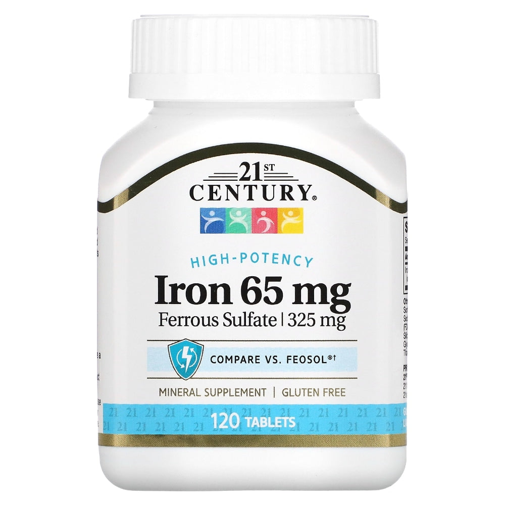 21st Century Ferrous Sulfate 65mg iron supplement bottle with 100 tablets, supporting iron deficiency and overall vitality.