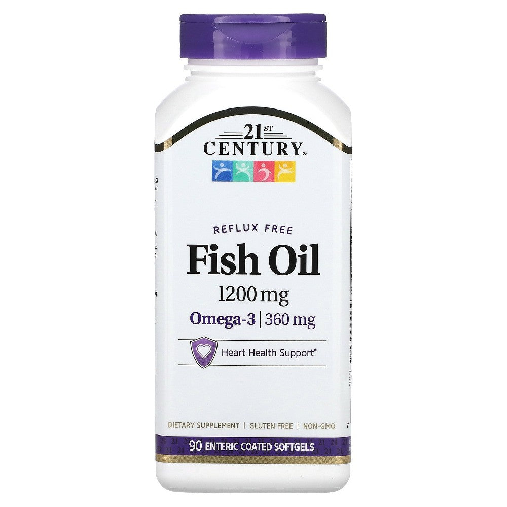 Bottle of 21st Century Fish Oil 1200mg enteric-coated softgels in a clear container, with label displaying product details.