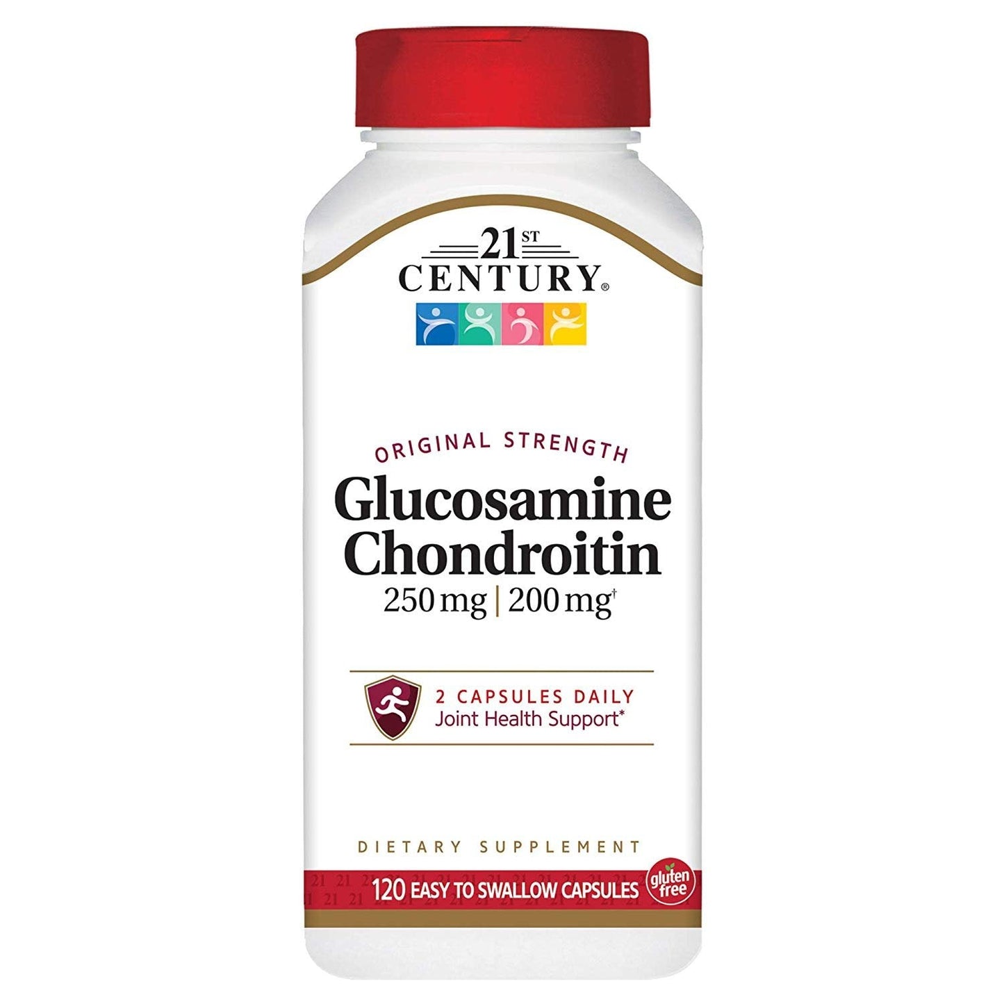 Bottle of 21st Century Glucosamine Chondroitin supplements with 120 easy-to-swallow capsules, for joint support.