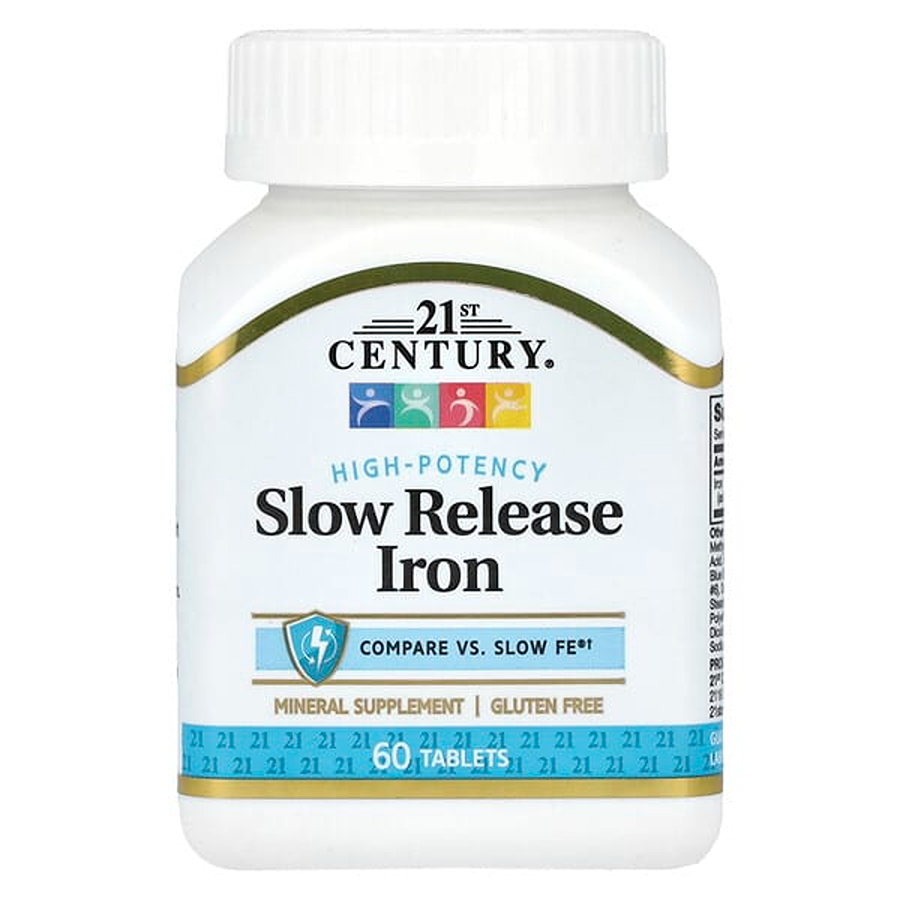 21st Century Iron 45mg slow release tablets, supplement for iron deficiency, 60 count, by Pasteur Pharmacy.