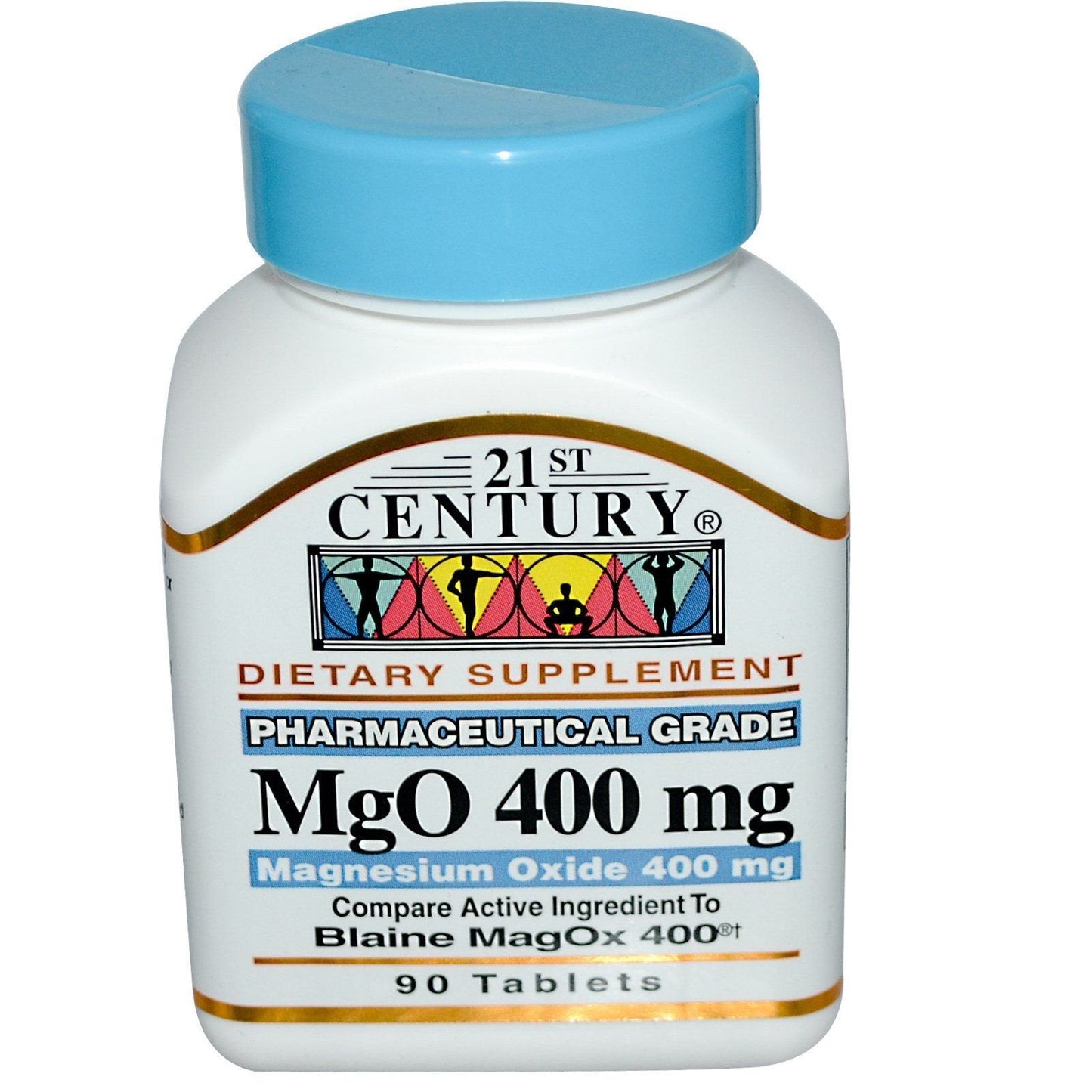 Bottle of 21st Century Magnesium 400 mg vitamins and supplements with 90 tablets on white background