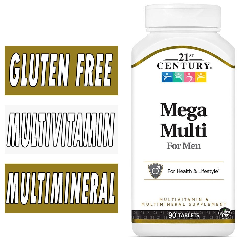 21st Century Mega Multi for Men vitamins and supplements in a bottle of 90 tablets, designed to support men's health and nutrition.