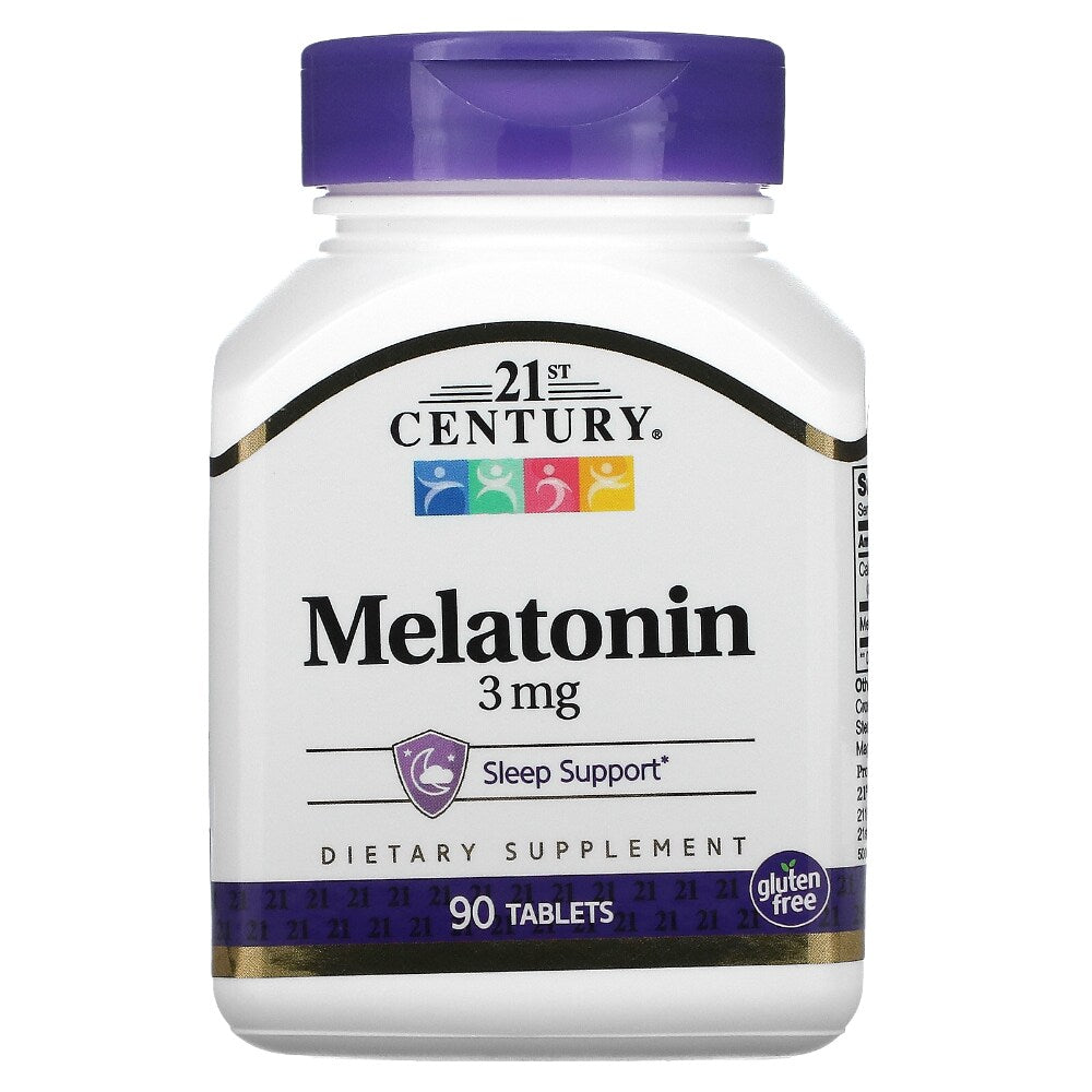 21st Century Melatonin 3 mg tablets, dietary supplement in a bottle, used for sleep support, by Pasteur Pharmacy.