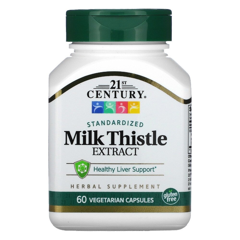 Bottle of 21st Century Milk Thistle Extract capsules from Pasteur Pharmacy, supplement for liver health, 60-count bottle.