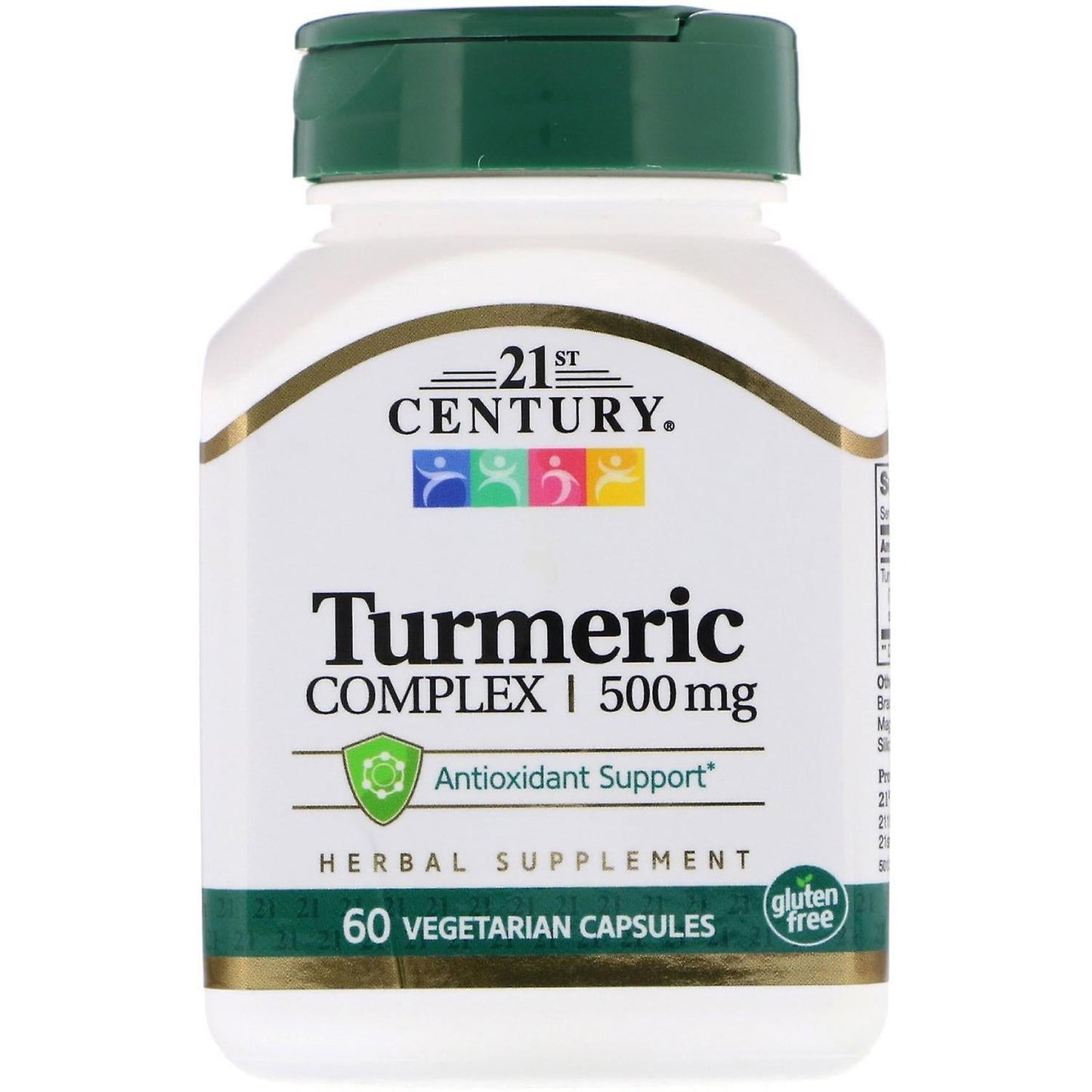 21st Century Turmeric Complex vegetarian capsules, 500 mg dietary supplement bottle showing label and capsules.