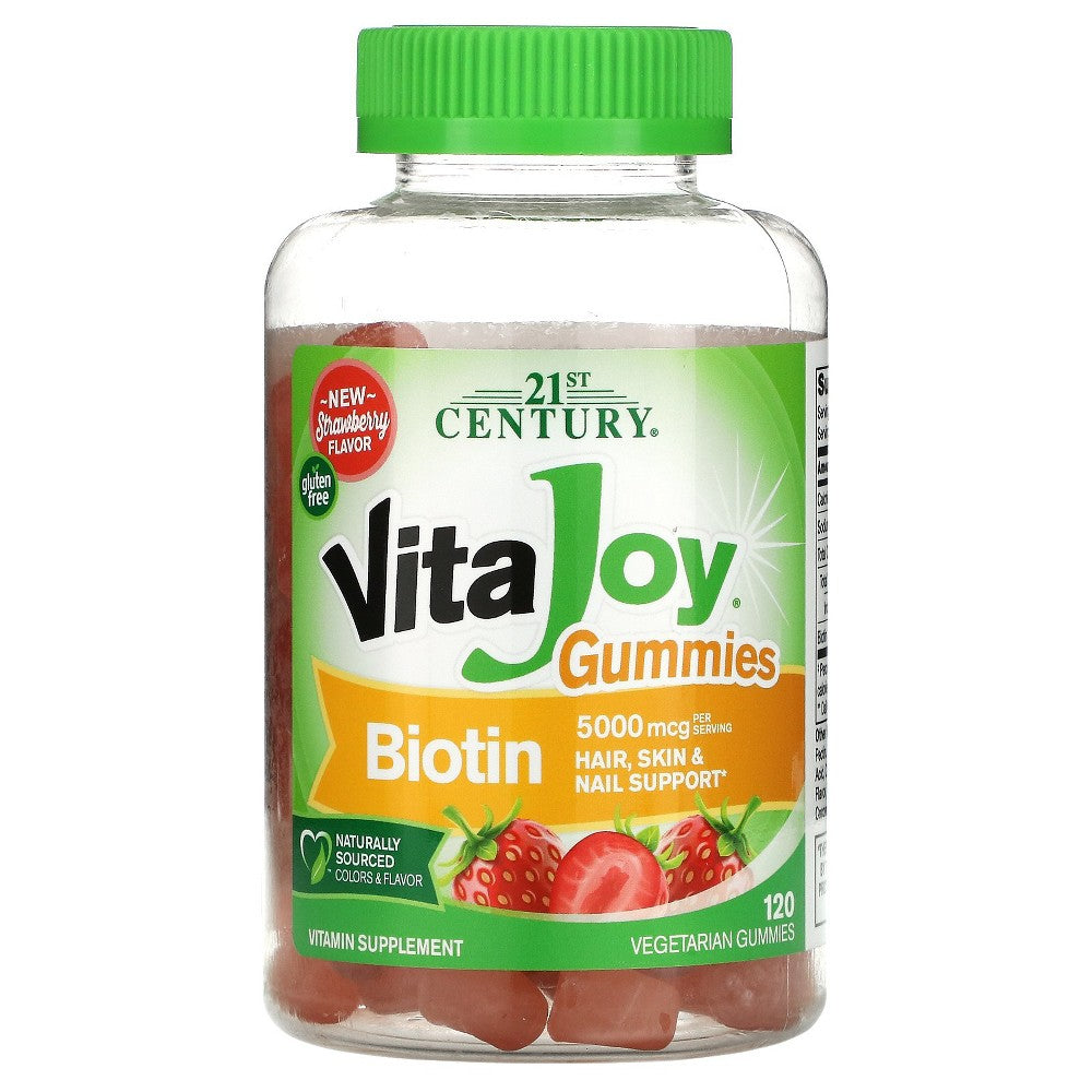 21st Century Vitajoy Biotin 5000 mcg gummies in strawberry flavor, 120 count, dietary supplement for hair and skin health.
