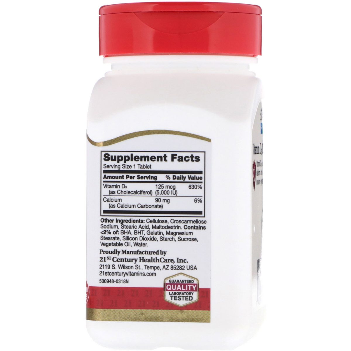 Bottle of 21st Century Vitamin D3 5000 IU supplements by Pasteur Pharmacy, 110 softgels for immune support and bone health.