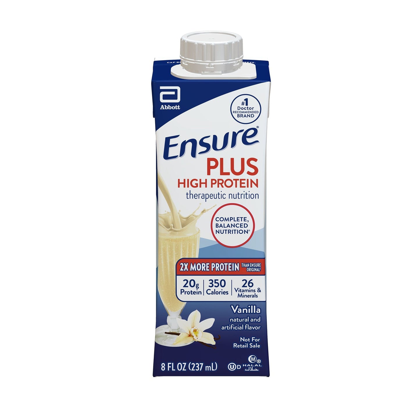 Abbott Nutrition Ensure Plus high protein vanilla flavor oral supplement in 8 oz ready-to-use bottle, designed for nutritional support.