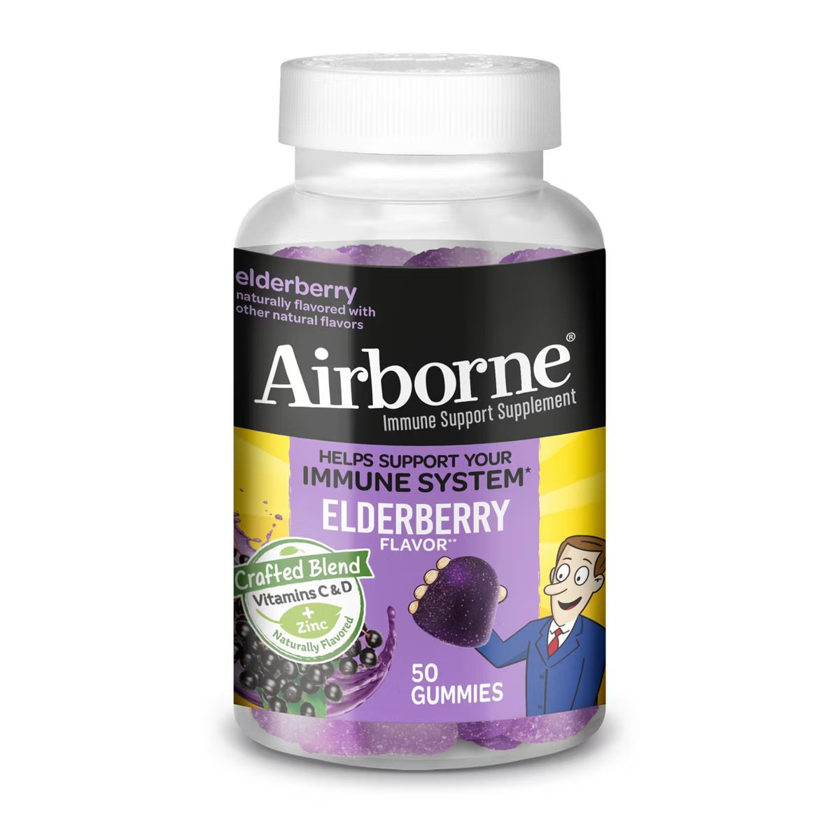 Airborne adult elderberry gummies with vitamin C and D in a 50-count bottle, natural supplement for immune support.