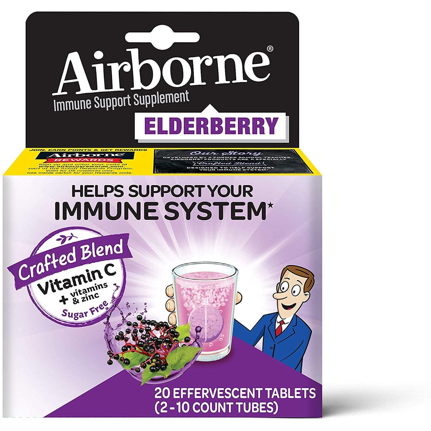 Airborne immune support supplement by Pasteur Pharmacy featuring elderberry effervescent tablets in a glass of water.