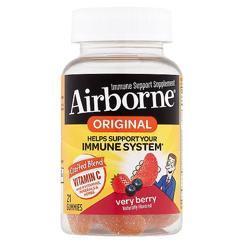 Airborne Original Very Berry immune support supplement bottle with label showing vitamins and supplement details.