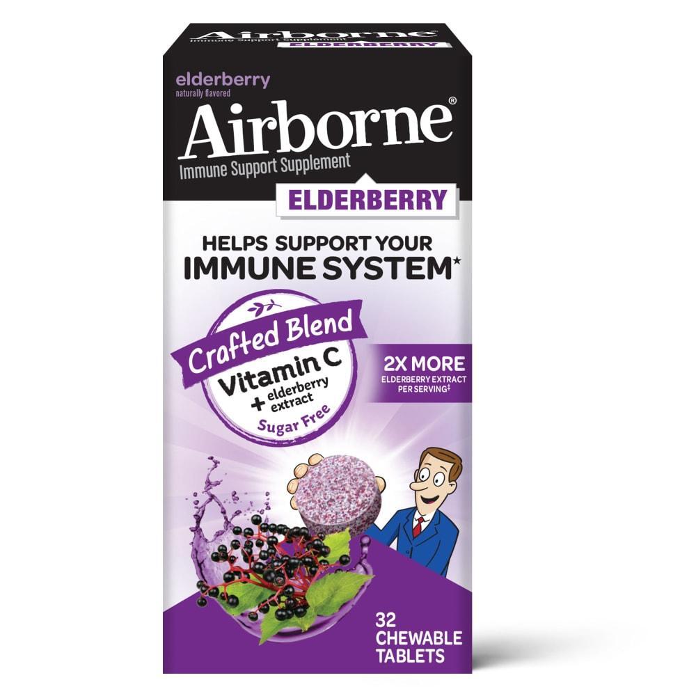 Airborne Vitamin C and Elderberry immune support chewable tablets by Pasteur Pharmacy, with vibrant orange tablets in a blister pack.