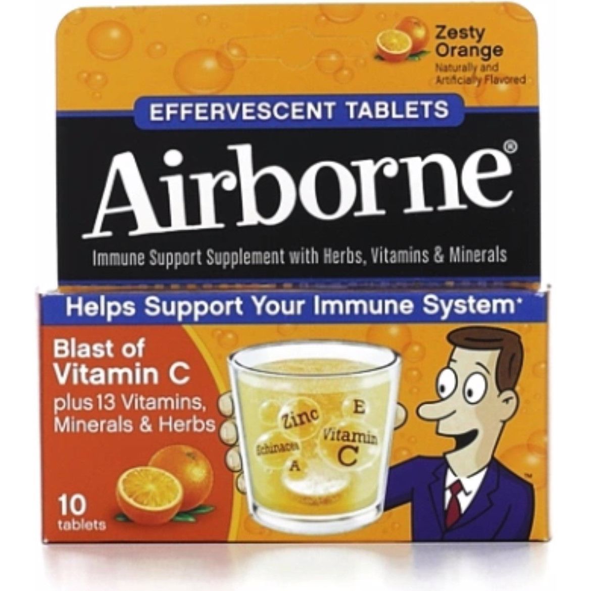 Airborne Zesty Orange effervescent tablets with vitamin C for immune support, showing a glass of dissolved supplement and orange flavor.