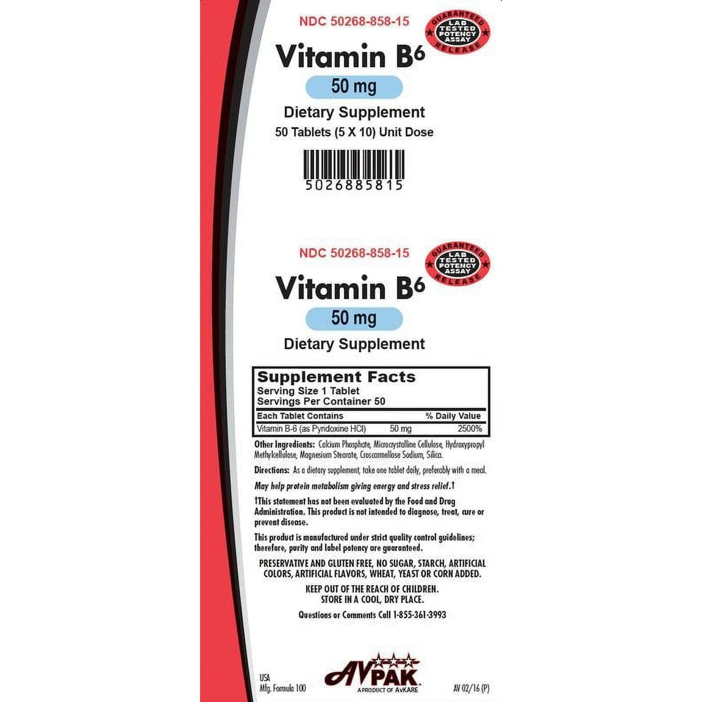 Bottle of AvKARE Vitamin B6 Tablets 50mg from Pasteur Pharmacy, showing the supplement tablets and label.