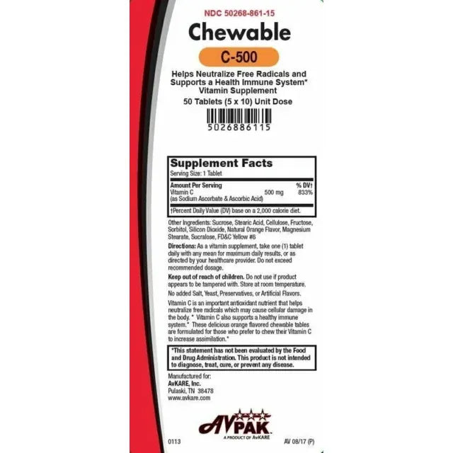 Pasteur Pharmacy AvKare Vitamin C-500 chewable tablets for immune support, showing orange-flavored tablets in the bottle.