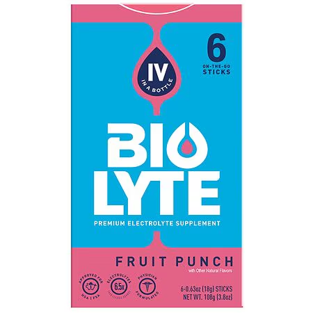 BIOLYTE Fruit Punch electrolyte supplement pack with 6 individual 0.63 oz bottles, vitamin and supplement product by Pasteur Pharmacy