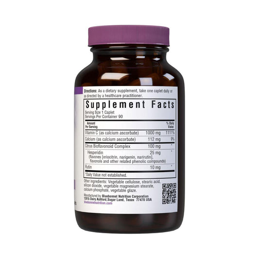 Bluebonnet Buffered Vitamin C 1000 mg supplement in a bottle of 90 vegetable capsules, designed for immune support and daily health.