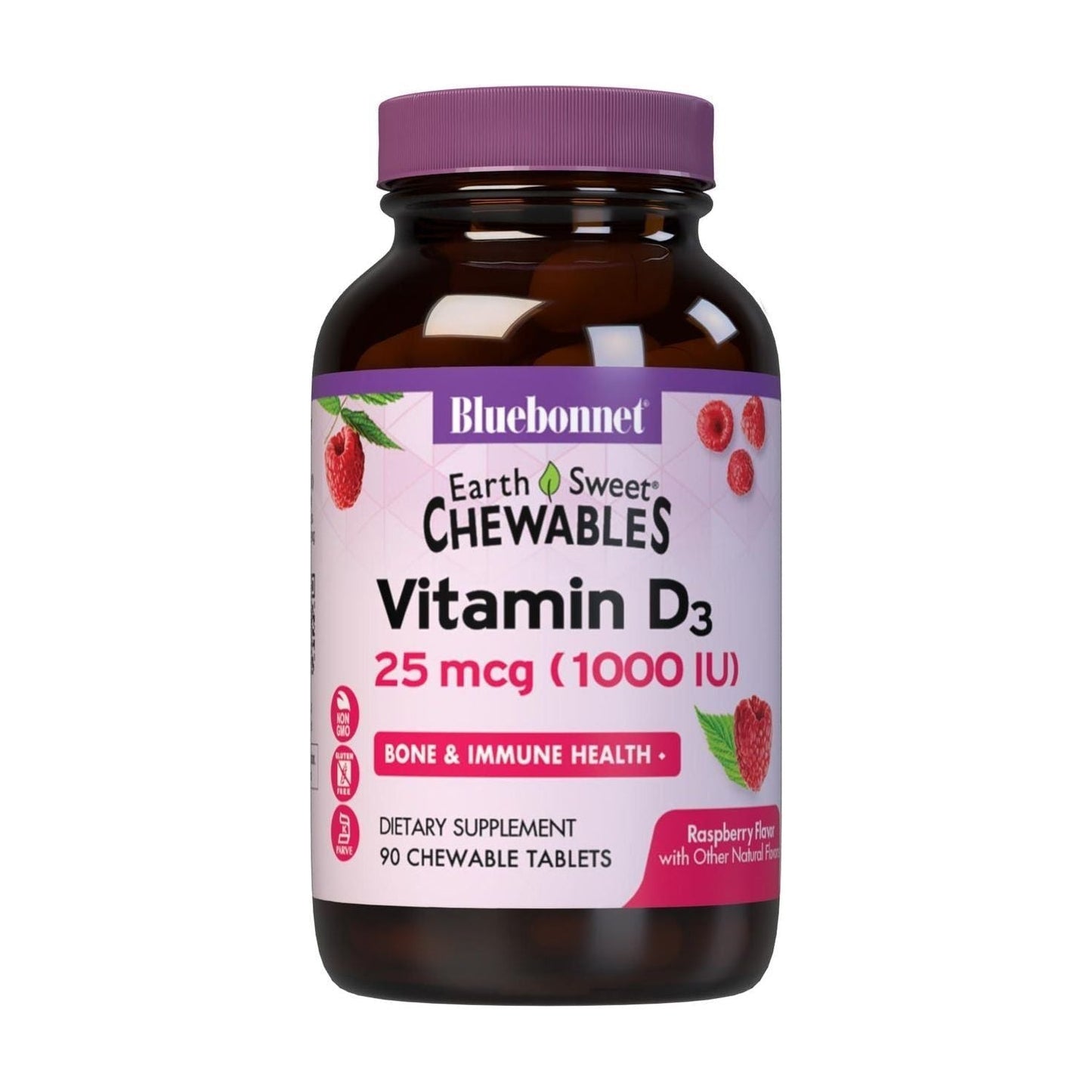 Bluebonnet Earth Sweet Vitamin D3 2000 IU raspberry-flavored chewable caplets, dietary supplement in a bottle.