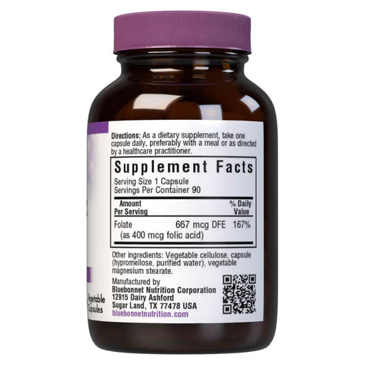 Bluebonnet Nutrition Folic Acid 400 mg vegetable capsules in a bottle, part of vitamins and supplements, on a plain white background.