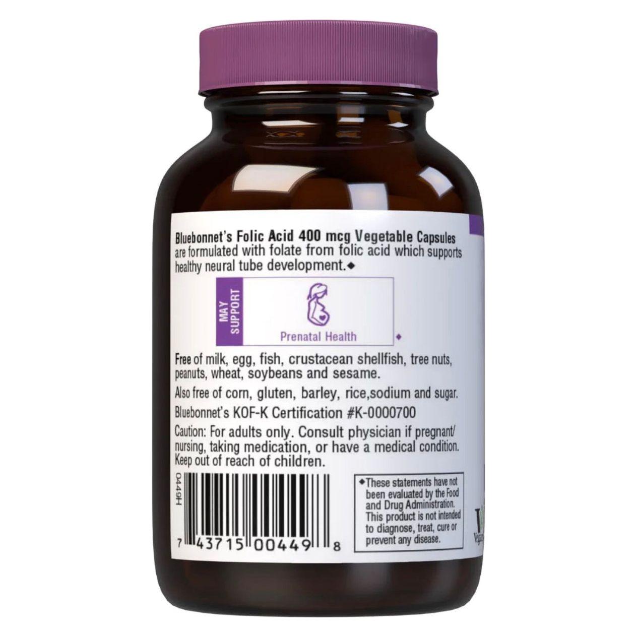 Bluebonnet Nutrition Folic Acid 400 mg supplement in 90 vegetable capsules, displayed in a clear bottle with label.