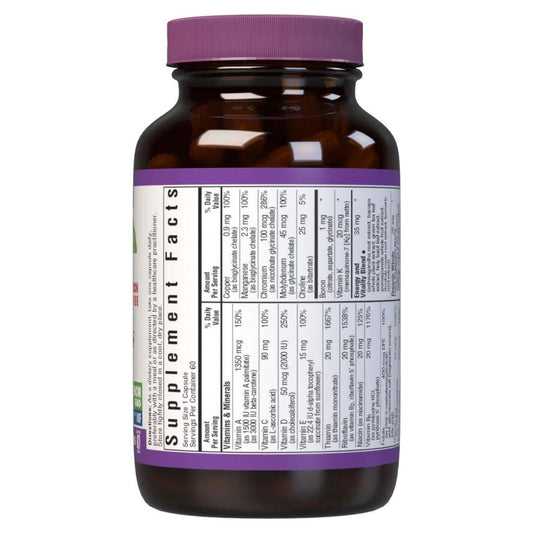 Bluebonnet Nutrition Maxi One Iron-Free Formula vitamin supplement in a bottle of 60 caplets, designed for nutritional support.