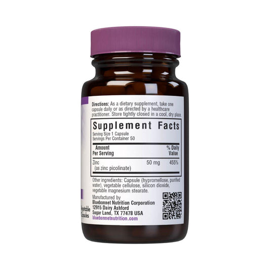 BlueBonnet Zinc Picolinate supplement bottles with 50 vegetarian capsules, 50 mg zinc, in a clear container.