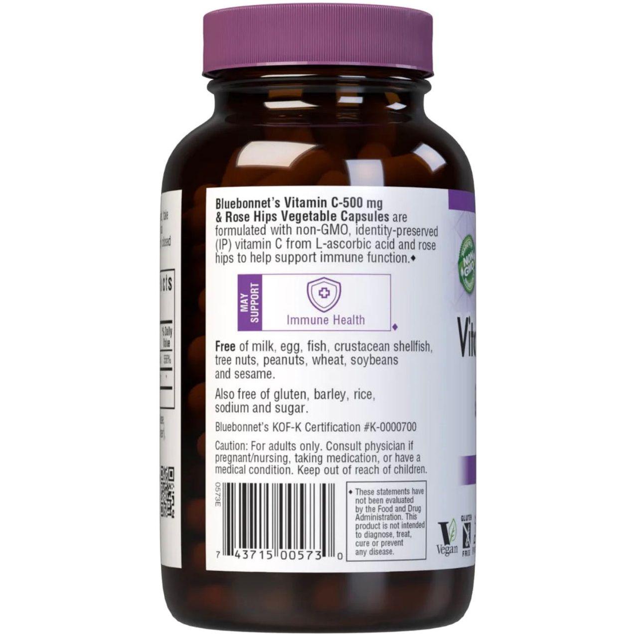 Bluebonnets Vitamin C 500 mg with Rose Hips in 180 vegetable capsules, dietary supplement for immune support.
