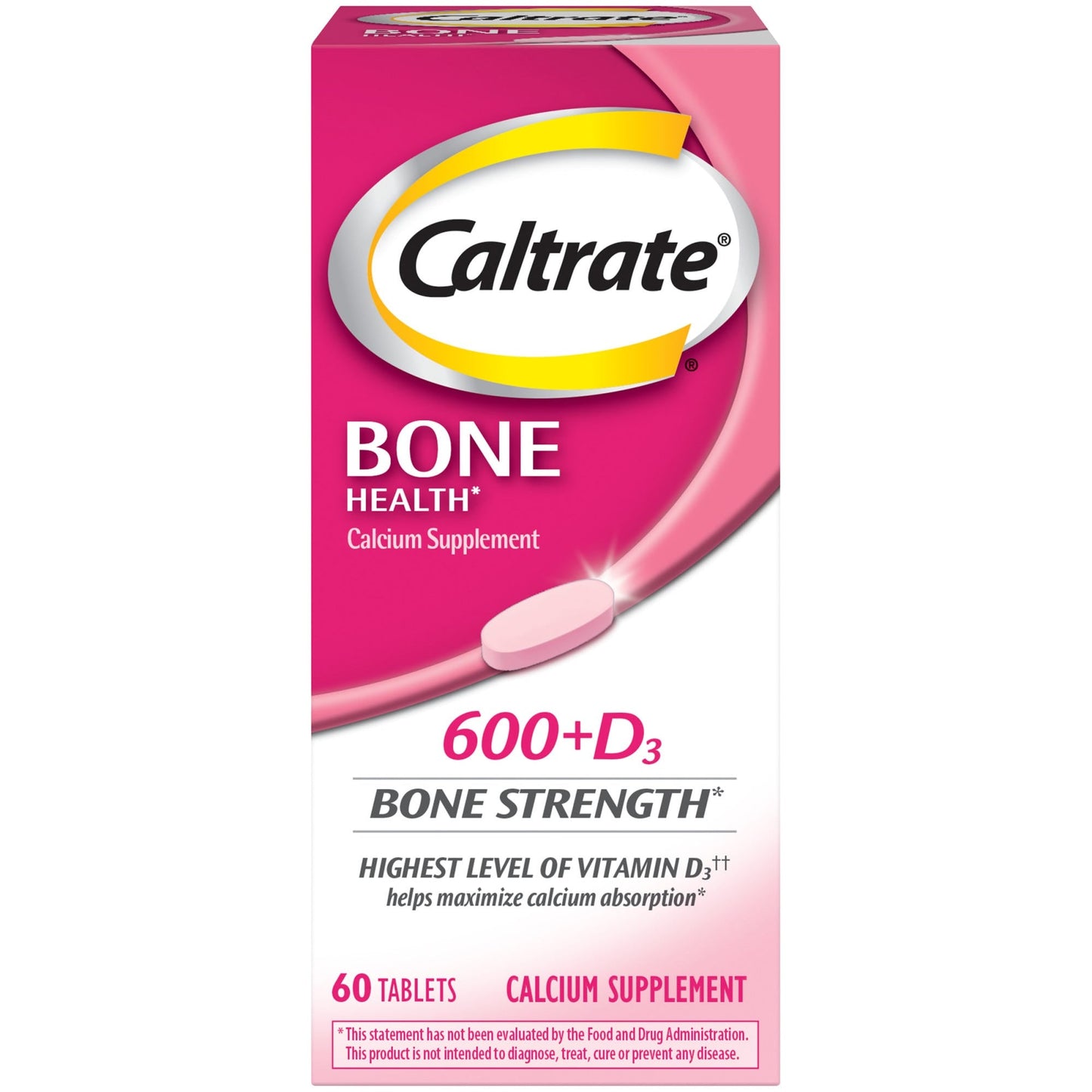 Caltrate 600+D3 calcium and vitamin D supplement tablets in a bottle, providing 600mg of calcium and vitamin D for bone health.
