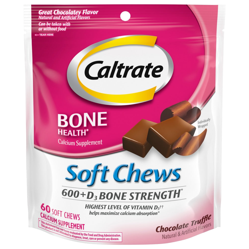 Caltrate Soft Chews 600+D3 calcium and vitamin D supplement in chocolate truffle flavor, from Pasteur Pharmacy.