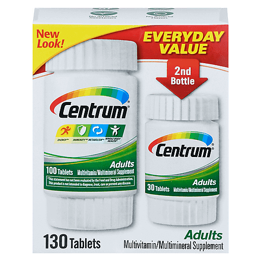 Centrum Adult Multivitamin and Multimineral Supplement Tablets in a blister pack, designed for daily vitamin intake.