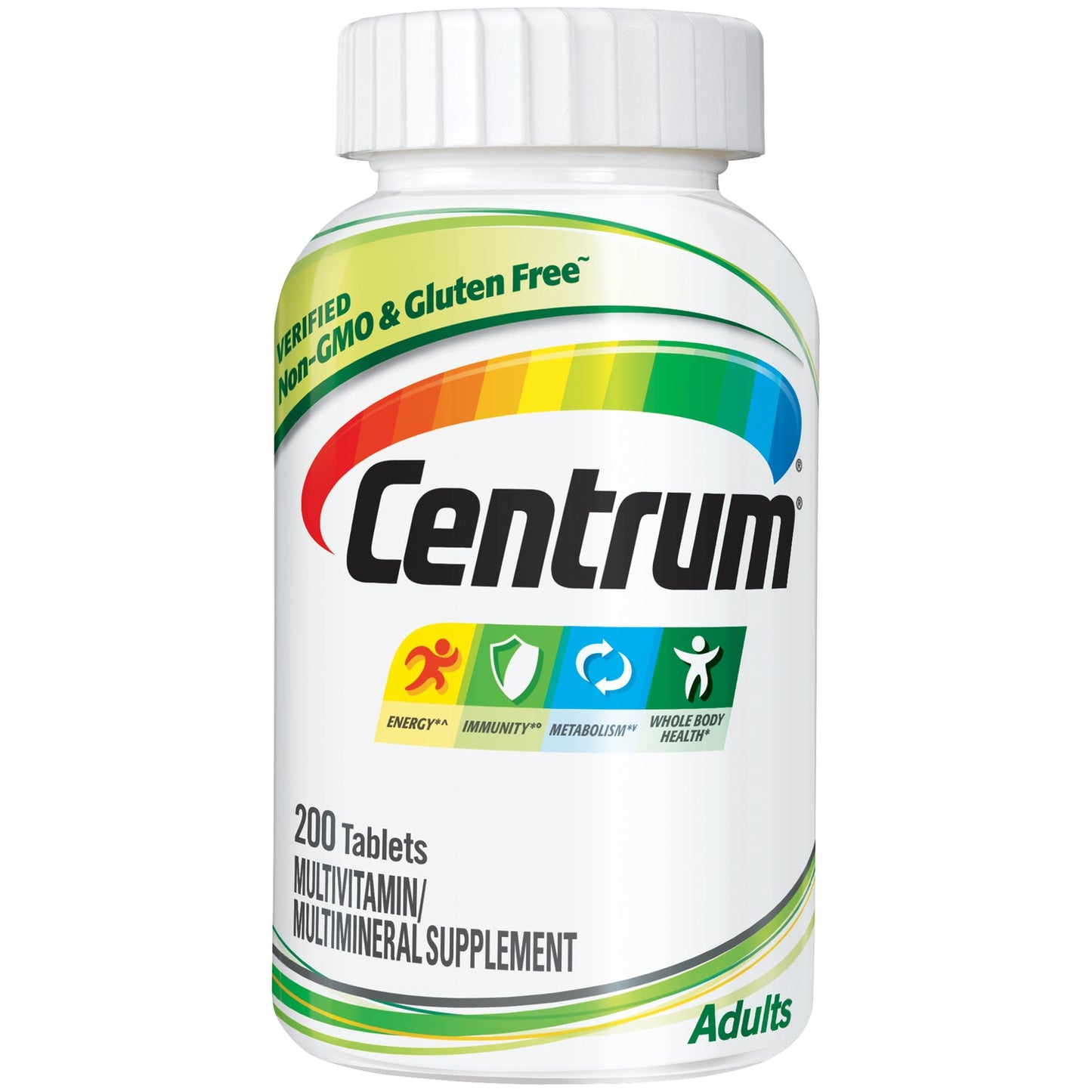 Centrum Adult Multivitamin and Multimineral Supplement bottles with 200 tablets from Pasteur Pharmacy, showing the label and tablets.