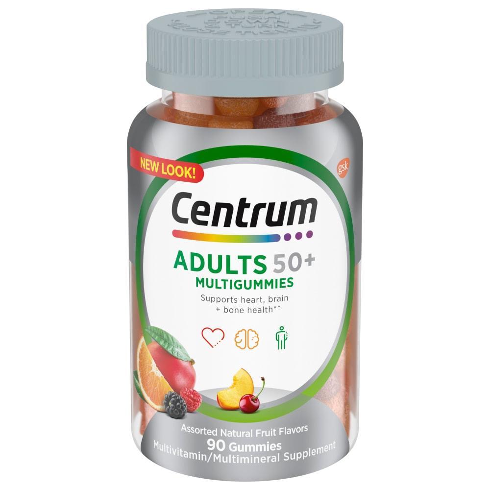 Centrum Adults 50+ Multigummies multivitamin and multimineral supplement in a bottle of 90 gummies, designed for mature adults.
