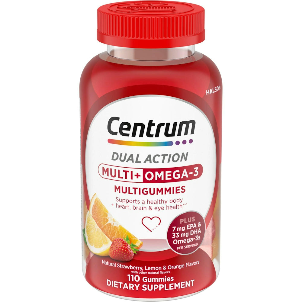 Centrum Multigummies vitamins and Omega 3 gummies in natural strawberry, lemon, and orange flavors, 100 count bottle.