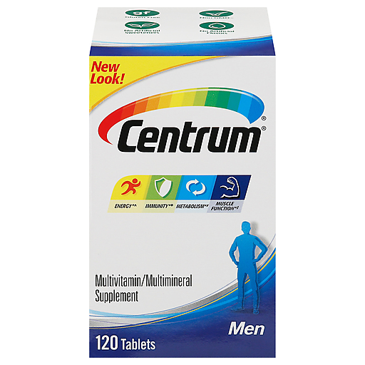 Centrum MultiVitamin for Men in 120 tablets, dietary supplement by Pasteur Pharmacy, showing the vitamin bottle with tablets inside