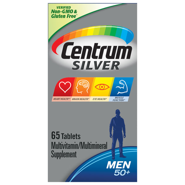 Centrum Multivitamin for Men 50+ in silver tablets, dietary supplement by Pasteur Pharmacy, showing a bottle of vitamins.