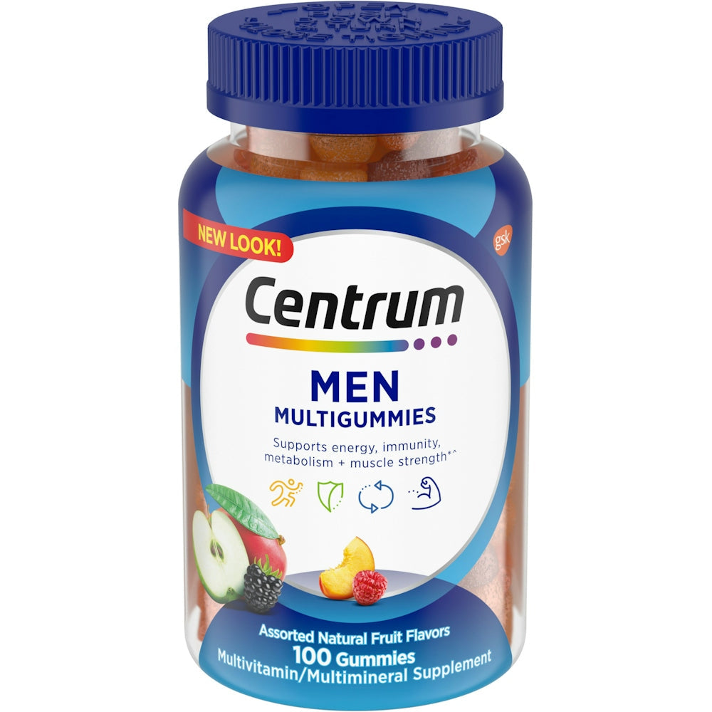 Centrum Men multivitamin gummies in fruit flavors, 100 count, dietary supplement for men's health from Pasteur Pharmacy.