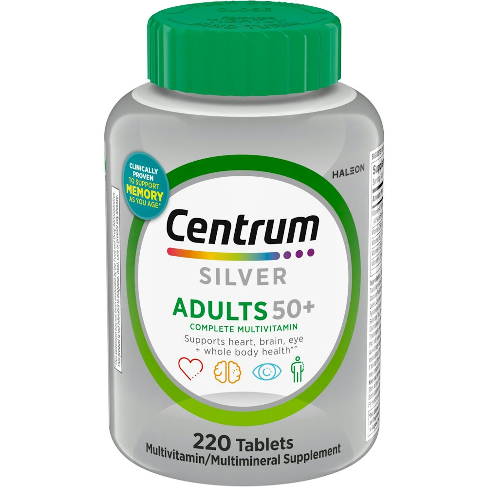 Centrum Silver Adults 50+ multivitamin tablets from Pasteur Pharmacy, 220 count, dietary supplement for mature adults.