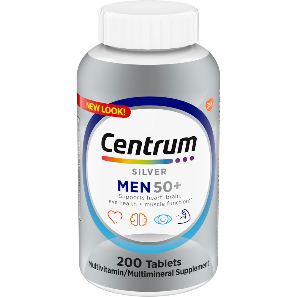 Centrum Silver Men 50+ multivitamin dietary supplement tablets in a bottle, designed for men's health and daily nutritional support.
