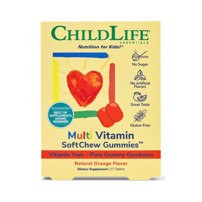 ChildLife Essentials multi vitamin and mineral soft melt tablets in natural orange flavor, designed for children’s health.